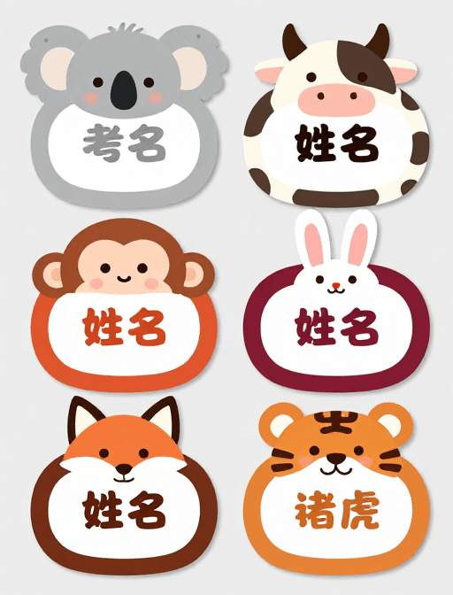 可爱风格素材：清新可爱动物造型姓名牌设计图