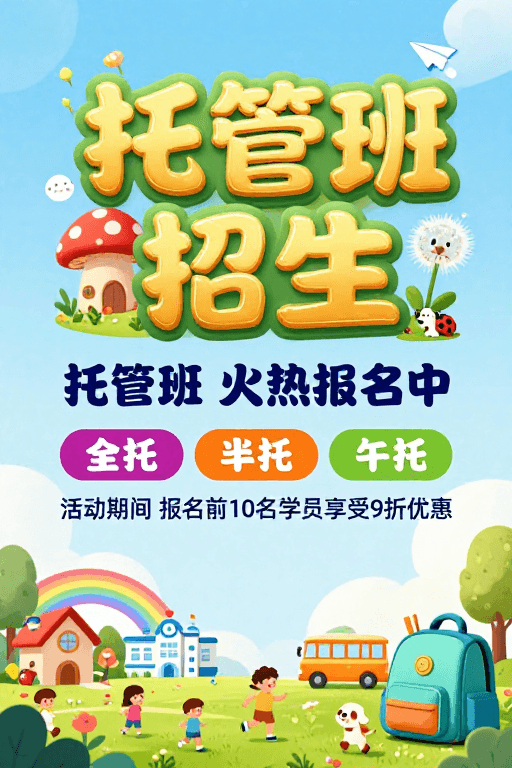 梦幻插画素材：梦幻童趣插画风托管班招生海报