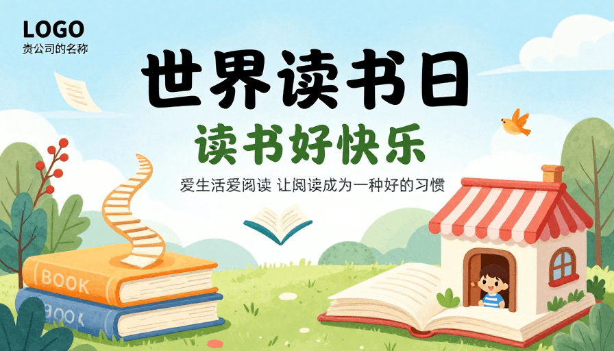 创意构图素材：世界读书日童趣插画海报：营造阅读氛围