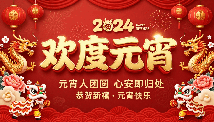 灯笼舞狮素材：金红喜庆中国风元宵海报