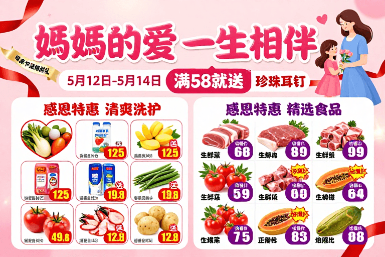 温馨插画素材：母亲节温情促销海报：妈妈的爱一生相伴