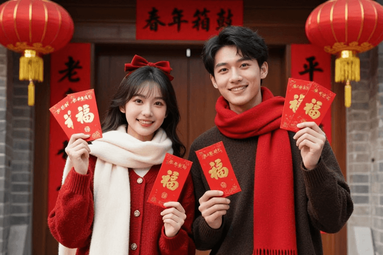情侣合照素材：亚洲情侣持红包微笑合影，暖红色调营造春节喜庆氛围