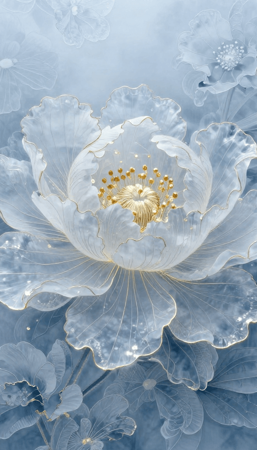 透明质感素材：梦幻绢笔牡丹冰花：金丝脉络与鎏光花蕊的透明之美