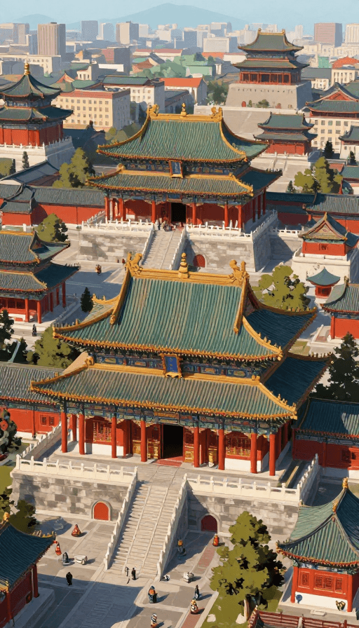 超现实主义素材：超现实中国古建城市俯视图：色彩斑斓的吉祥盛宴
