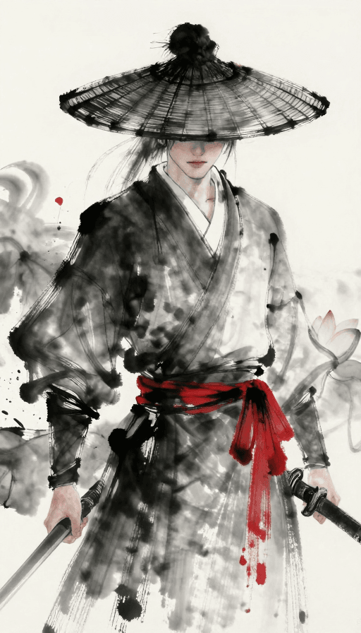 武侠风格素材：墨色江湖：水墨风剑客与莲花意境