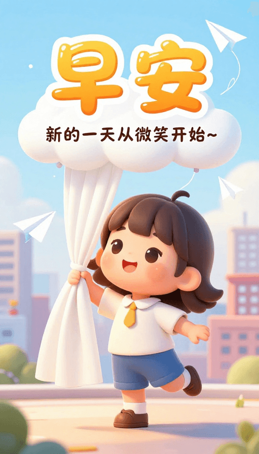 早安问候素材：卡通手绘Q版早安海报：小女孩踮脚迎接朝阳