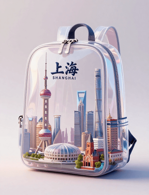 电影构图素材：未来感透明旅行包：微缩上海地标全景