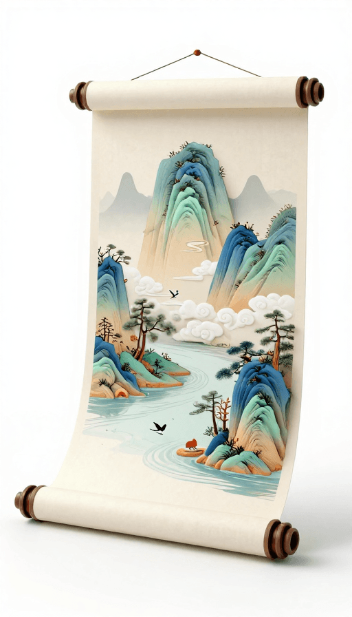 超现实主义素材：3D中国山水卷轴：禅意超现实美景