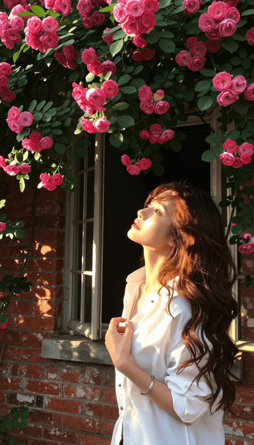 光影艺术素材：蔷薇花墙下的光影美人：电影质感人像摄影