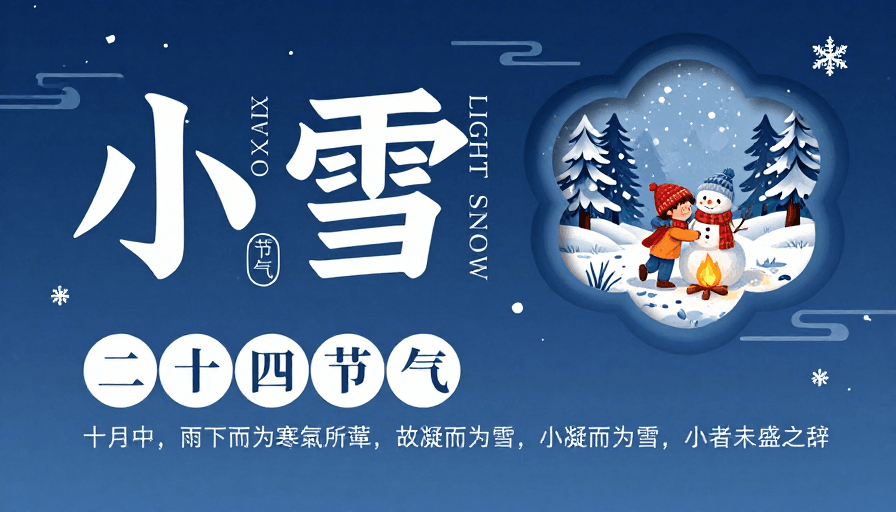小雪节气素材：小雪节气插画海报：剪纸手绘蓝调冬日氛围