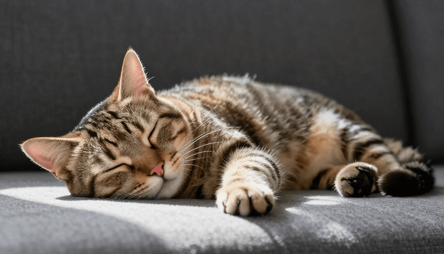宠物广告素材：阳光下的静谧：虎斑猫深睡特写