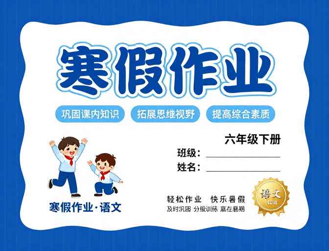 蓝色主调素材：深蓝波浪边框的童趣寒假作业封面设计