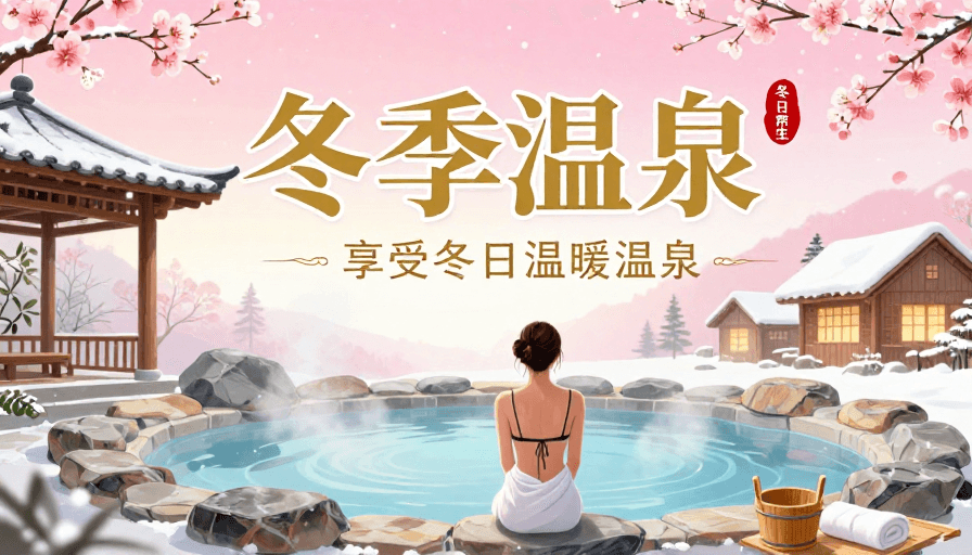 视觉艺术素材：梦幻冬日温泉：治愈系温暖疗愈插画海报