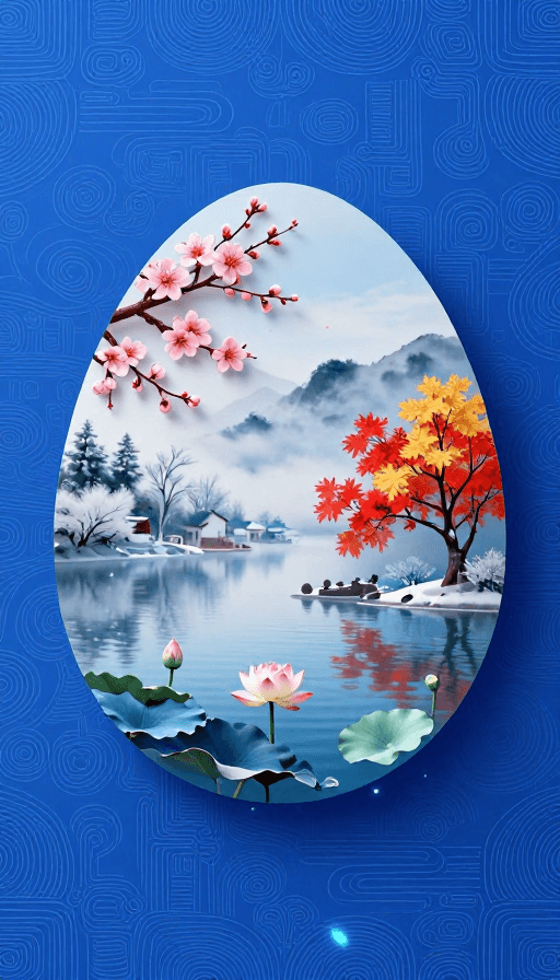 禅意美学素材：蛋形层叠四季风光·新中式超现实极简艺术