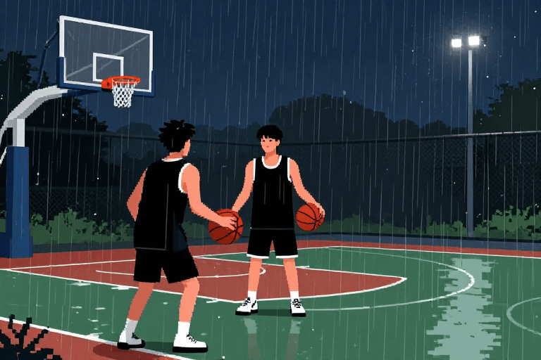篮球运动素材：雨夜篮球少年像素插画：孤寂持球瞬间