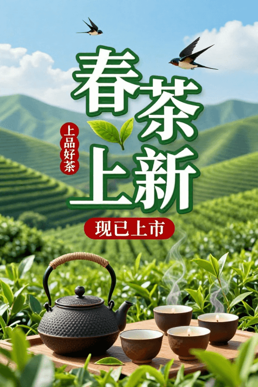 高端品牌素材：清新春茶上新海报：翠绿茶园与精致茶具的生机融合