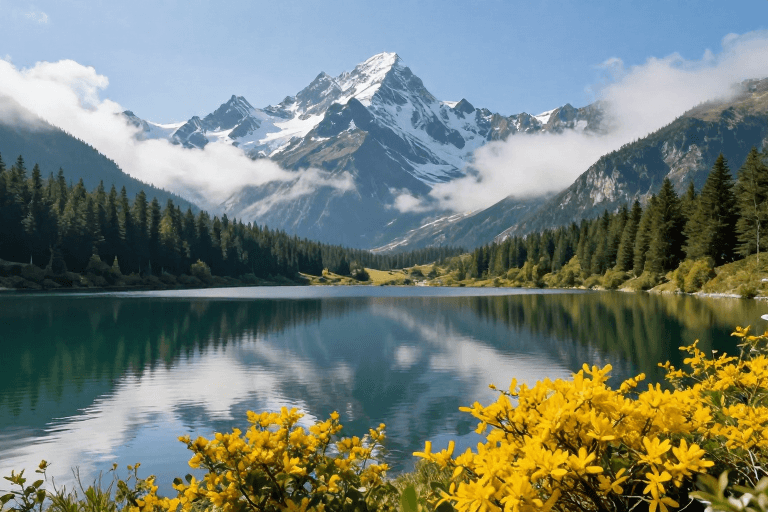 广角构图素材：静谧高山湖泊：雪峰与黄丛映蓝天