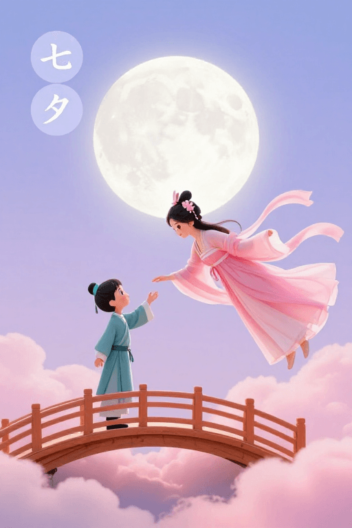 月夜场景素材：七夕梦幻中国风：月夜下的温柔相守