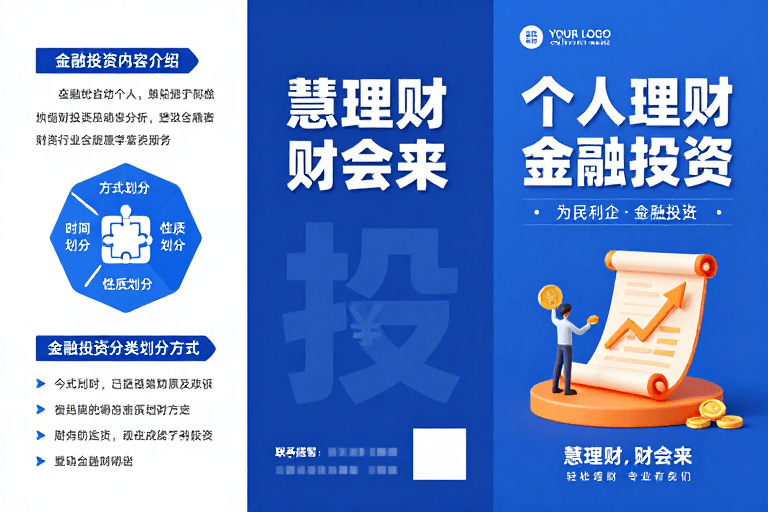 企业形象素材：蓝调商务金融三折页：专业理财投资宣传海报