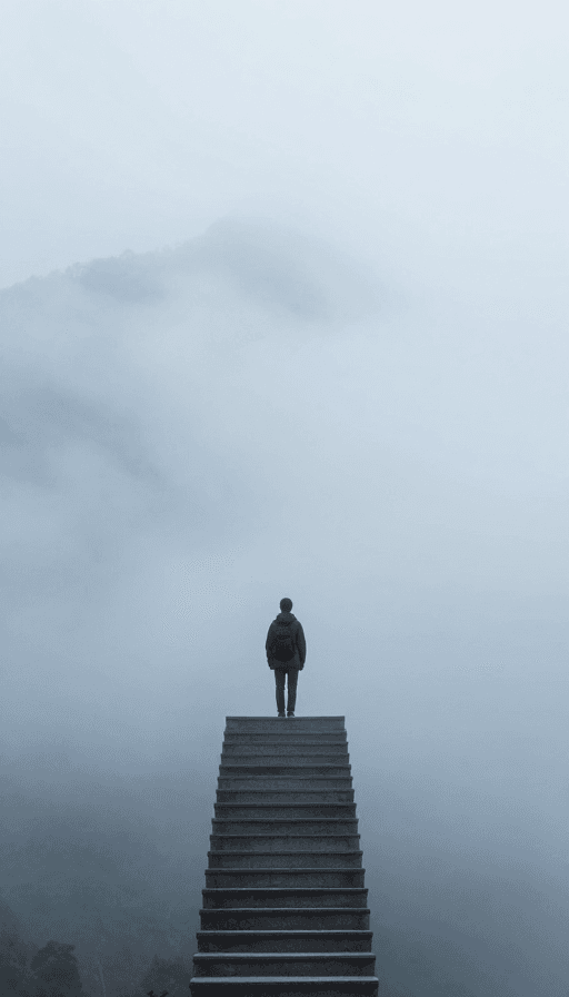 AI生成素材：云海无尽阶：小人凝望的朦胧梦核
