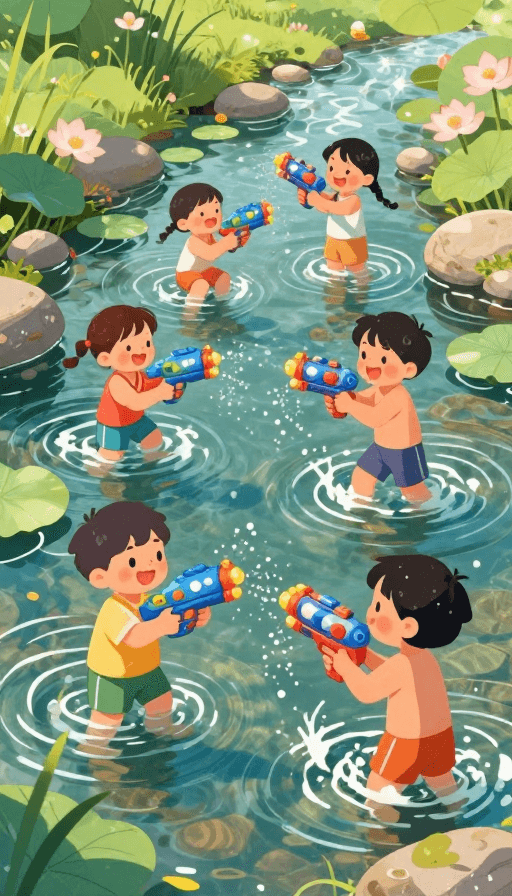 夏日素材：夏日童趣：孩童戏水欢乐时光插画