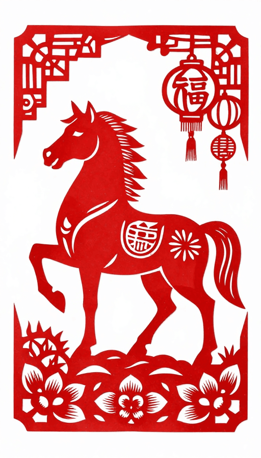 春节素材：马年剪纸艺术插画：传统民俗与生肖文化之美