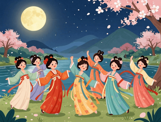 樱花元素素材：月夜汉服舞樱花飘落的浪漫卡通场景