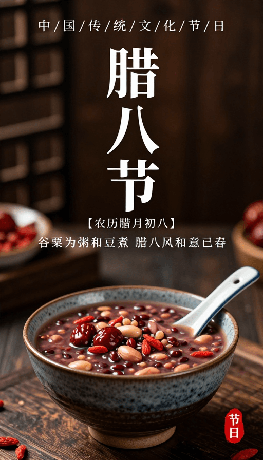 文化符号素材：中式美学腊八节海报：冬日静谧与传统韵味