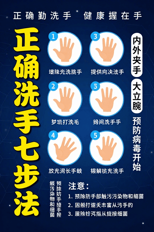 科技风海报素材：正确洗手七步法指南：科学防疫健康守护