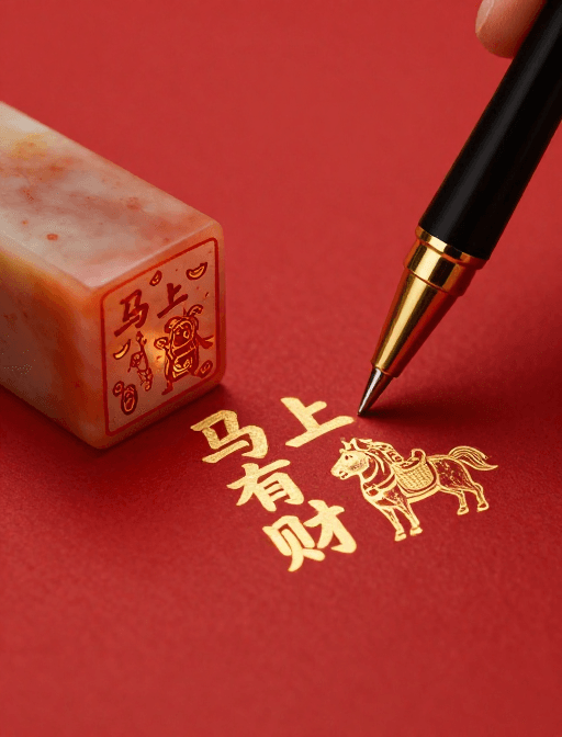 新年装饰素材：鎏金‘马上有财’极简红底 财神萌马高级感