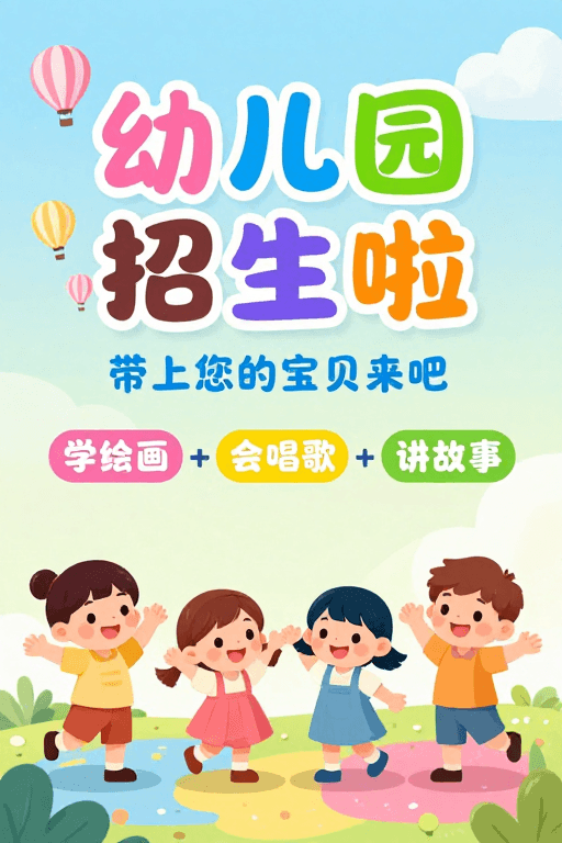童趣插画素材：童趣盎然：清新幼儿园招生海报