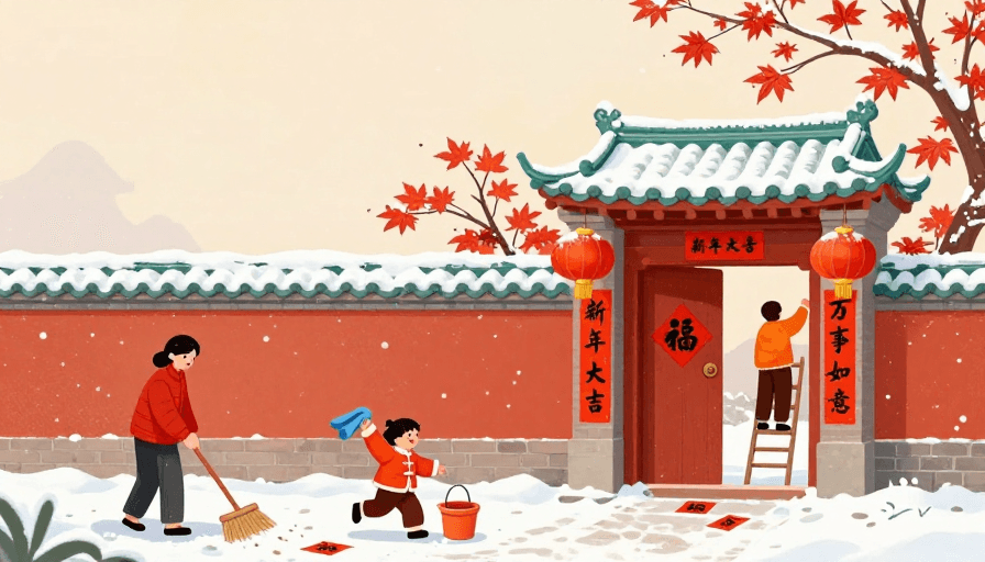 冬日场景素材：暖橙春节手绘：扫雪贴福的温馨年味