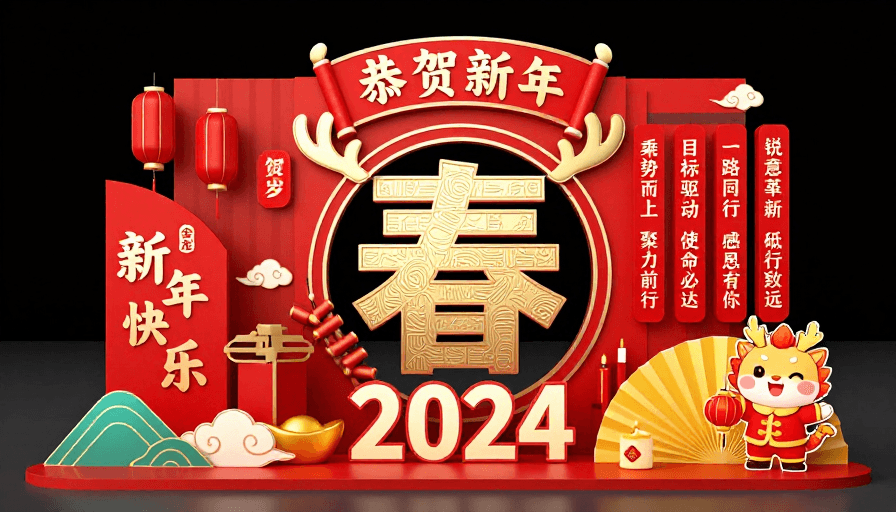 喜庆设计素材：新春红金立体展台设计，传统艺术与现代风格融合