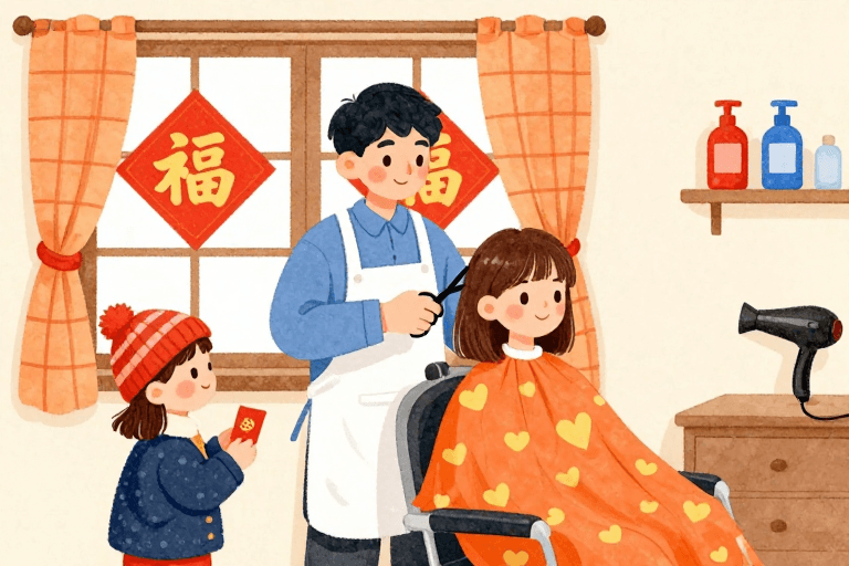 暖色调温馨素材：暖色调水彩理发师剪发温馨场景插画