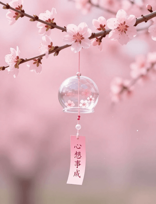 唯美意境素材：粉色桃花风铃插画，心愿卡片带来清新唯美意境
