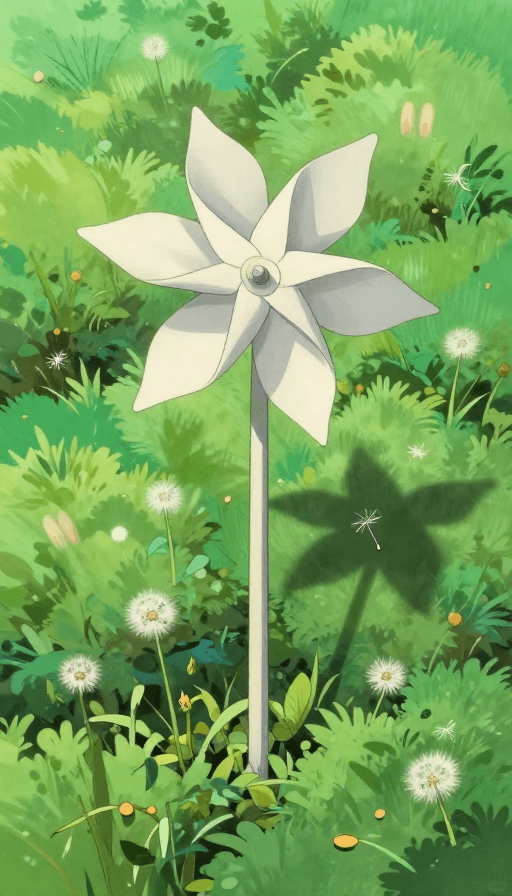 动漫插画素材：宫崎骏治愈风：风车旋转中的蒲公英与兔子秘密