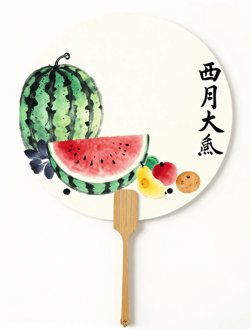 中国风题字素材：趣味大写意：夏日西瓜水果水彩团扇艺术插画