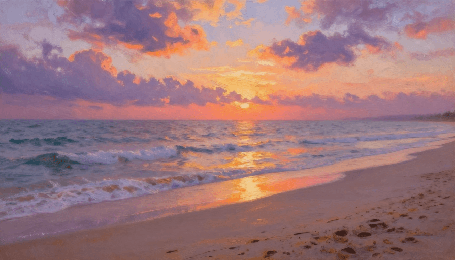 纹理细节素材：宁静海滩日落印象派油画：暖橙粉紫天空与金色波光