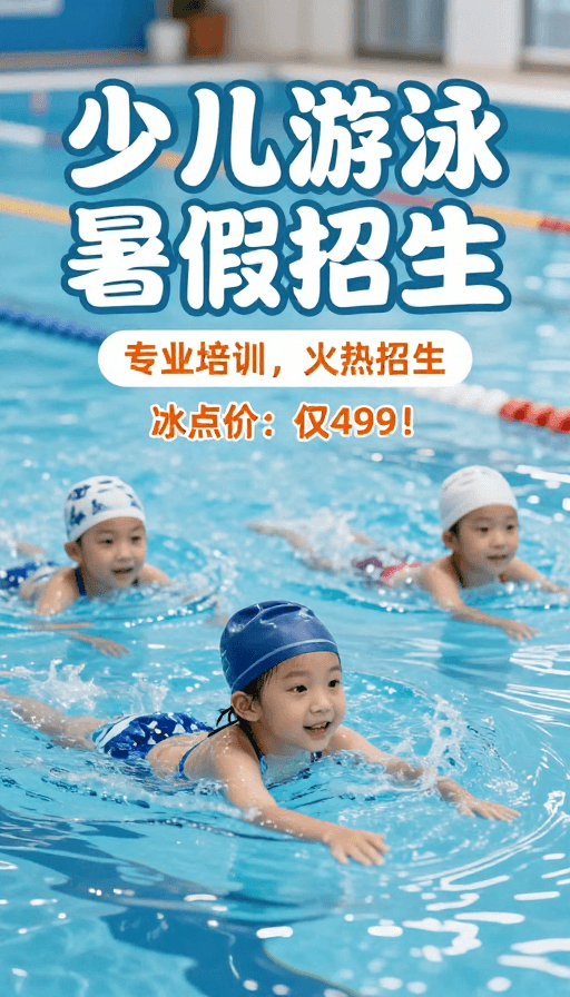 清凉色调素材：清凉夏日琉璃字少儿游泳班招生海报