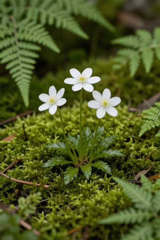 花卉摄影素材：苔藓林间白花绽放，治愈自然光影之美