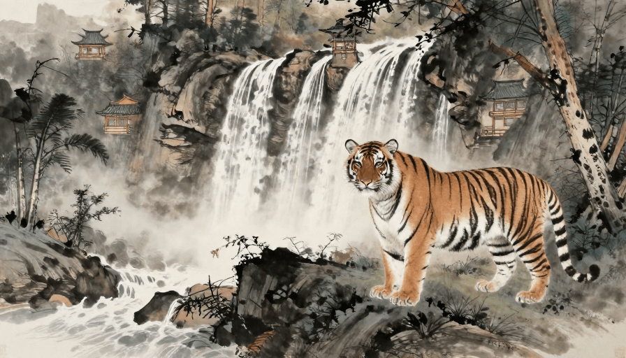 中国山水画素材：张大千风工笔画景：深褐灰调中国山水与雾中虎影
