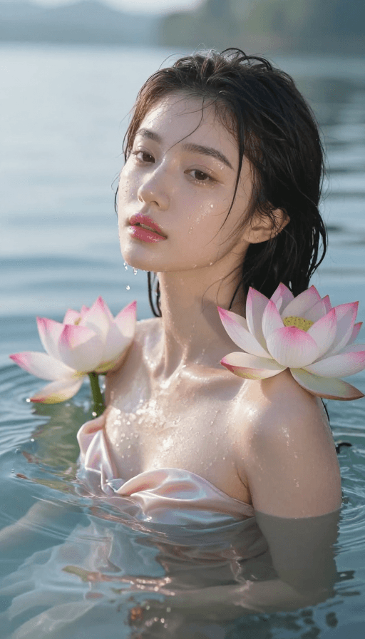 水下摄影素材：晨光湖影：年轻女性的清澈之美