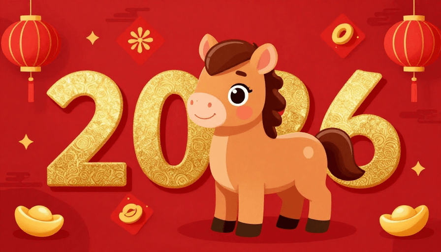 喜庆插画素材：可爱马年插画：喜庆红色背景2026新年祝福