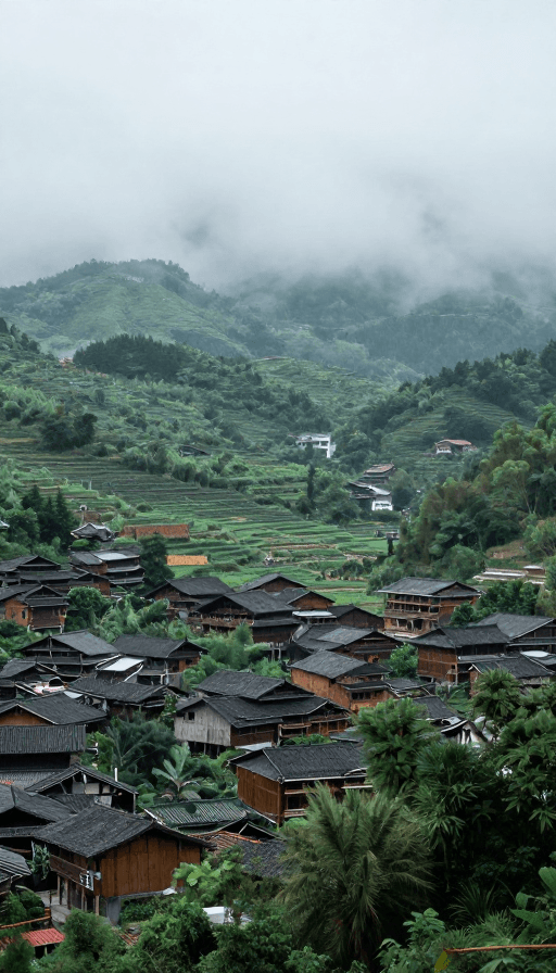 纪实摄影素材：雾霭中山林与古宅的静谧画卷