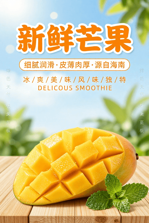 清新自然风格素材：清新夏日：金黄芒果促销海报