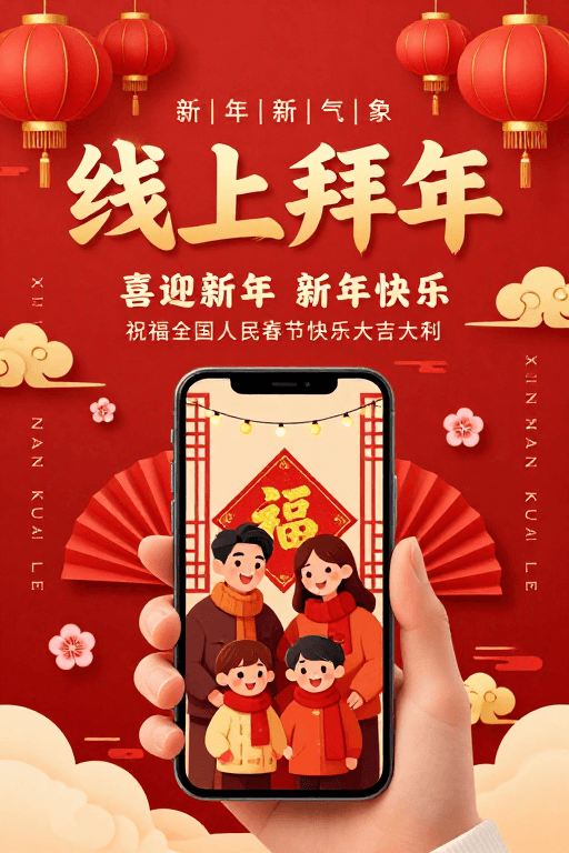 喜庆春节素材：金红中国风线上拜年新年海报
