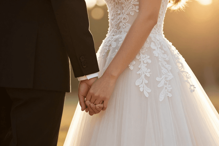婚纱礼服素材：金纱婚誓：逆光下的浪漫手牵手婚纱照