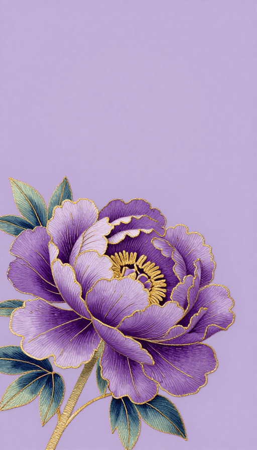 艺术装饰素材：紫气东来：金丝绣线的紫色牡丹插画