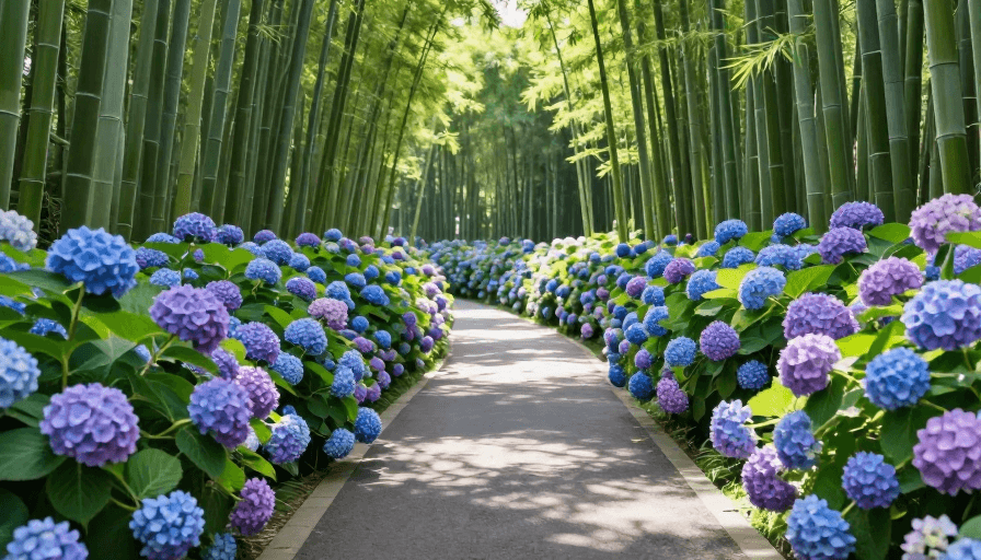 蓝紫绣球花素材：翠竹幽径蓝紫绣球花：光影交织的自然秘境