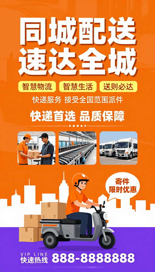 橙色主调素材：橙色速递海报：高效可靠同城配送服务